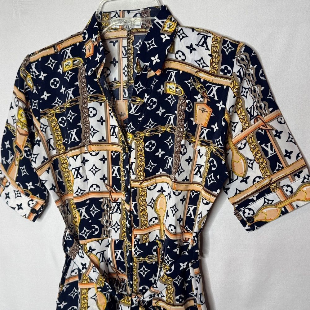 Zara Stylish Navy and Gold Patterned Dress. Size Small. - Picture 2 of 7